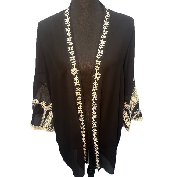 Forever 21 Kimono Women's Medium Black Embroidered Ivory Open Front Sheer Y2K - Picture 1 of 14